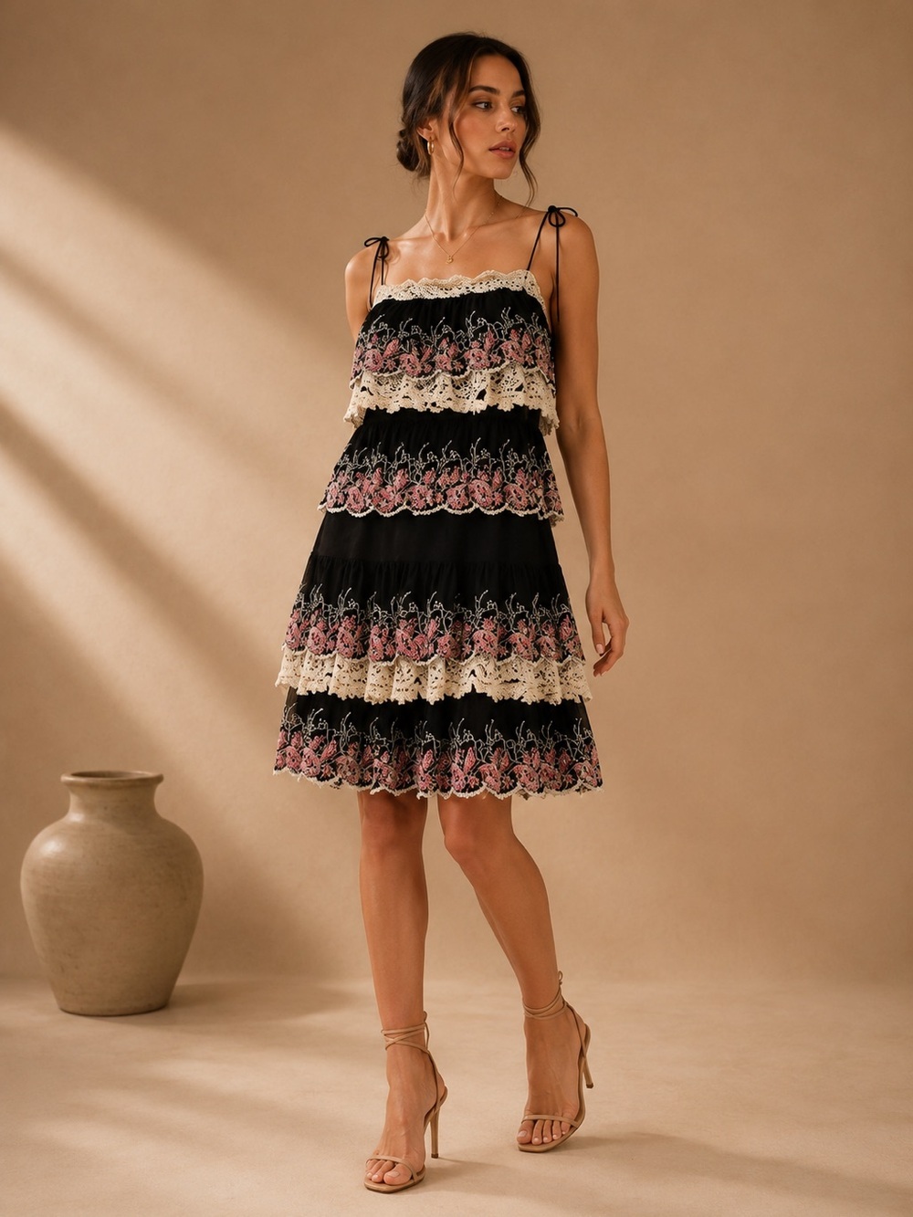 Just Cavalli Black Tiered Slip Dress with Pink Embroidery and Cream Lace